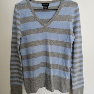 Lord & Taylor Blue and Gray Striped V-Neck Sweater